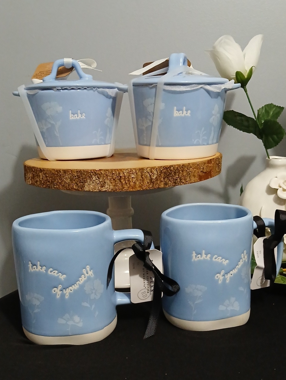 4 Piece Rae Dunn Light Blue Ceramic Mugs and MINI Crock Bakeware Set NWT